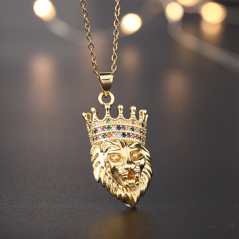 Vintage Style Rock Lion Copper Plating Inlay Zircon Unisex Pendant Necklace display picture 2