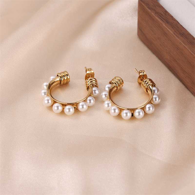 1 Pair Lady Classic Style Geometric Plating Inlay Stainless Steel Pearl Gold Plated Ear Studs display picture 1