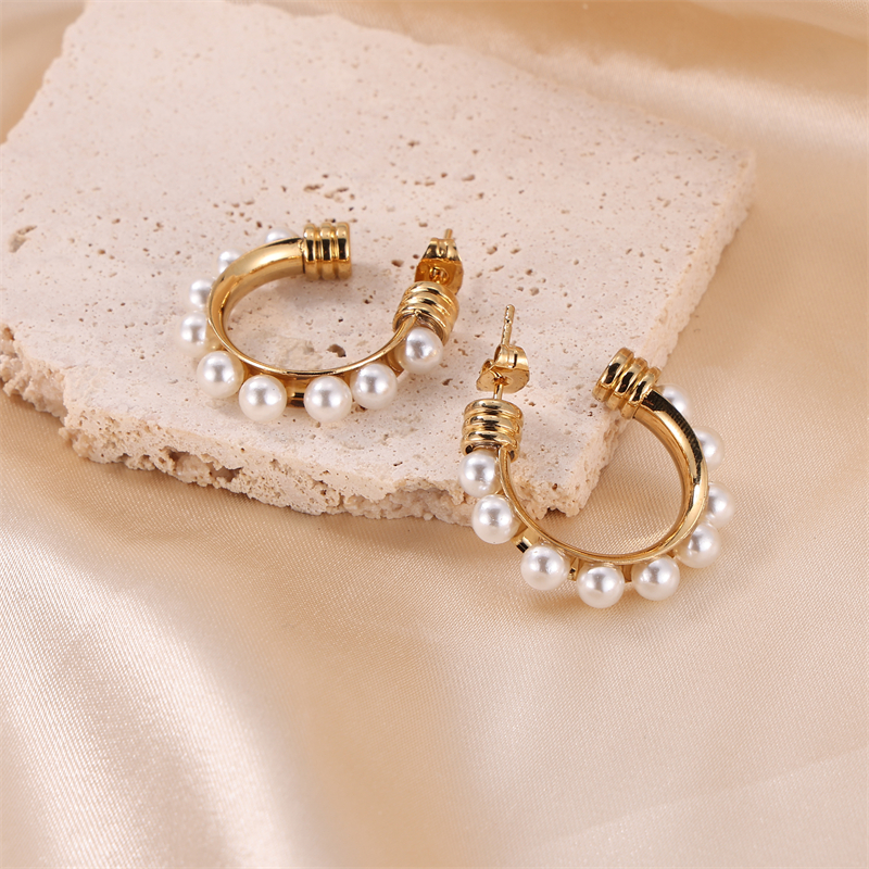 1 Pair Lady Classic Style Geometric Plating Inlay Stainless Steel Pearl Gold Plated Ear Studs display picture 2