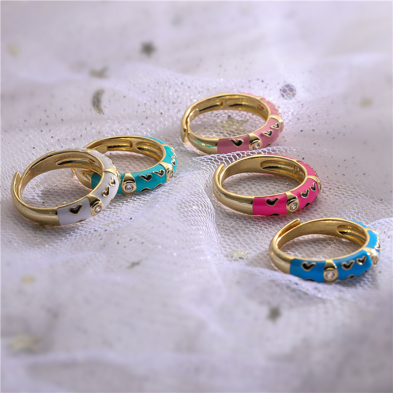 Elegant Colorful Heart Shape Copper Enamel Plating Inlay Zircon 18k Gold Plated Open Rings display picture 1