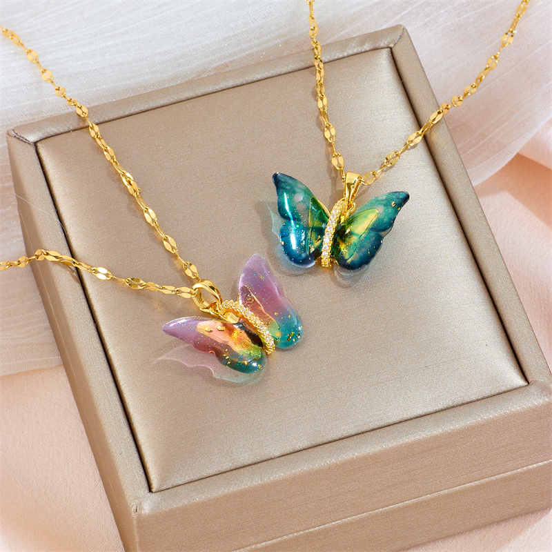 Wholesale Sweet Butterfly Titanium Steel Inlay Artificial Gemstones Pendant Necklace display picture 6