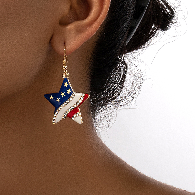 Wholesale Jewelry Ig Style Retro Commute Pentagram Heart Shape American Flag Alloy Artificial Gemstones Plating Inlay Drop Earrings display picture 6