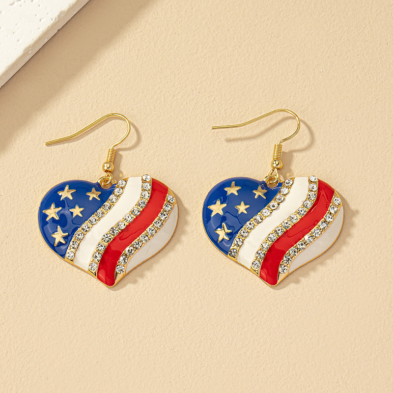 Wholesale Jewelry Ig Style Retro Commute Pentagram Heart Shape American Flag Alloy Artificial Gemstones Plating Inlay Drop Earrings display picture 8