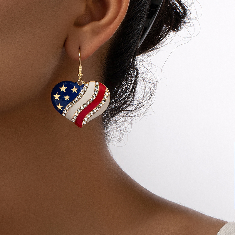 Wholesale Jewelry Ig Style Retro Commute Pentagram Heart Shape American Flag Alloy Artificial Gemstones Plating Inlay Drop Earrings display picture 7