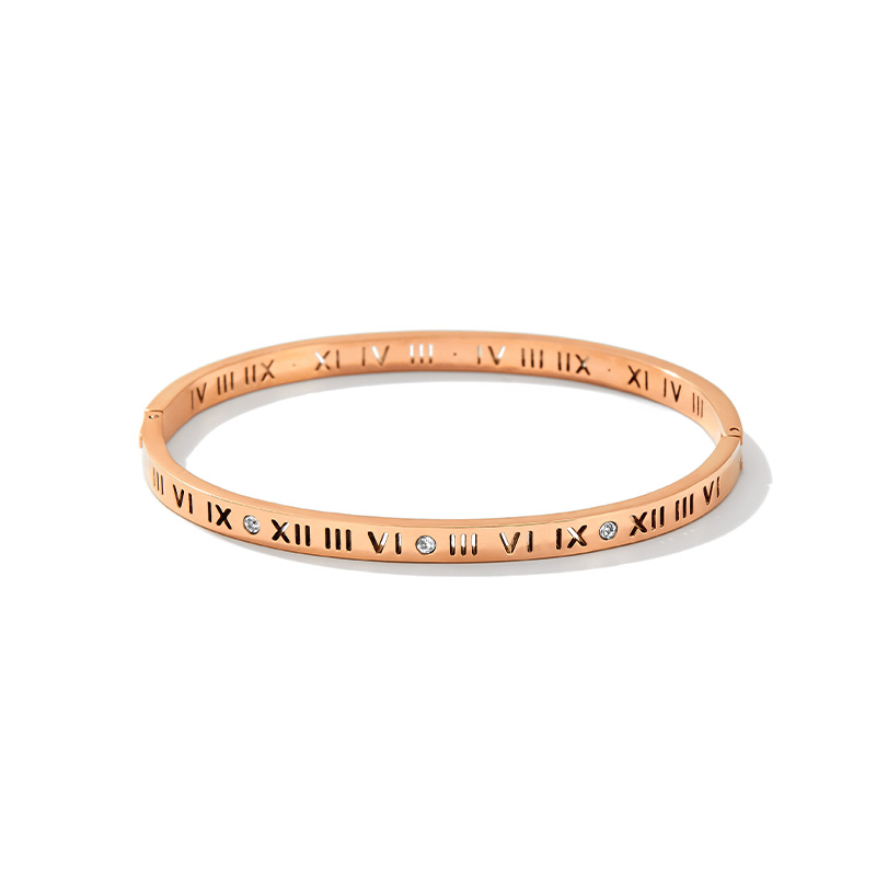 Simple Style Roman Numeral Titanium Steel Plating Hollow Out Inlay Zircon 14k Gold Plated Bangle display picture 4
