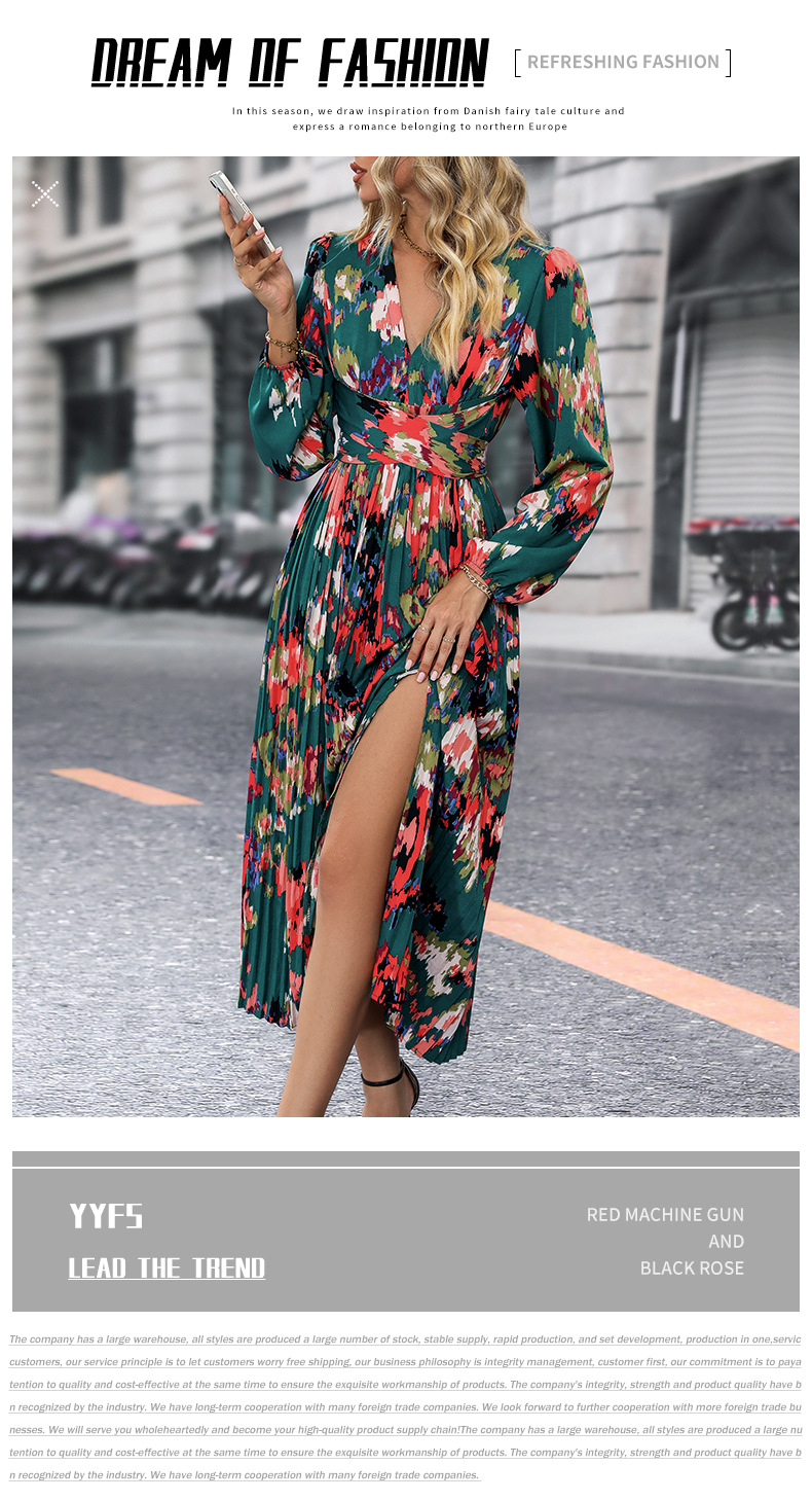 Women's Slit Dress Casual Elegant V Neck Printing Pleated Long Sleeve Printing Midi Dress Street display picture 1