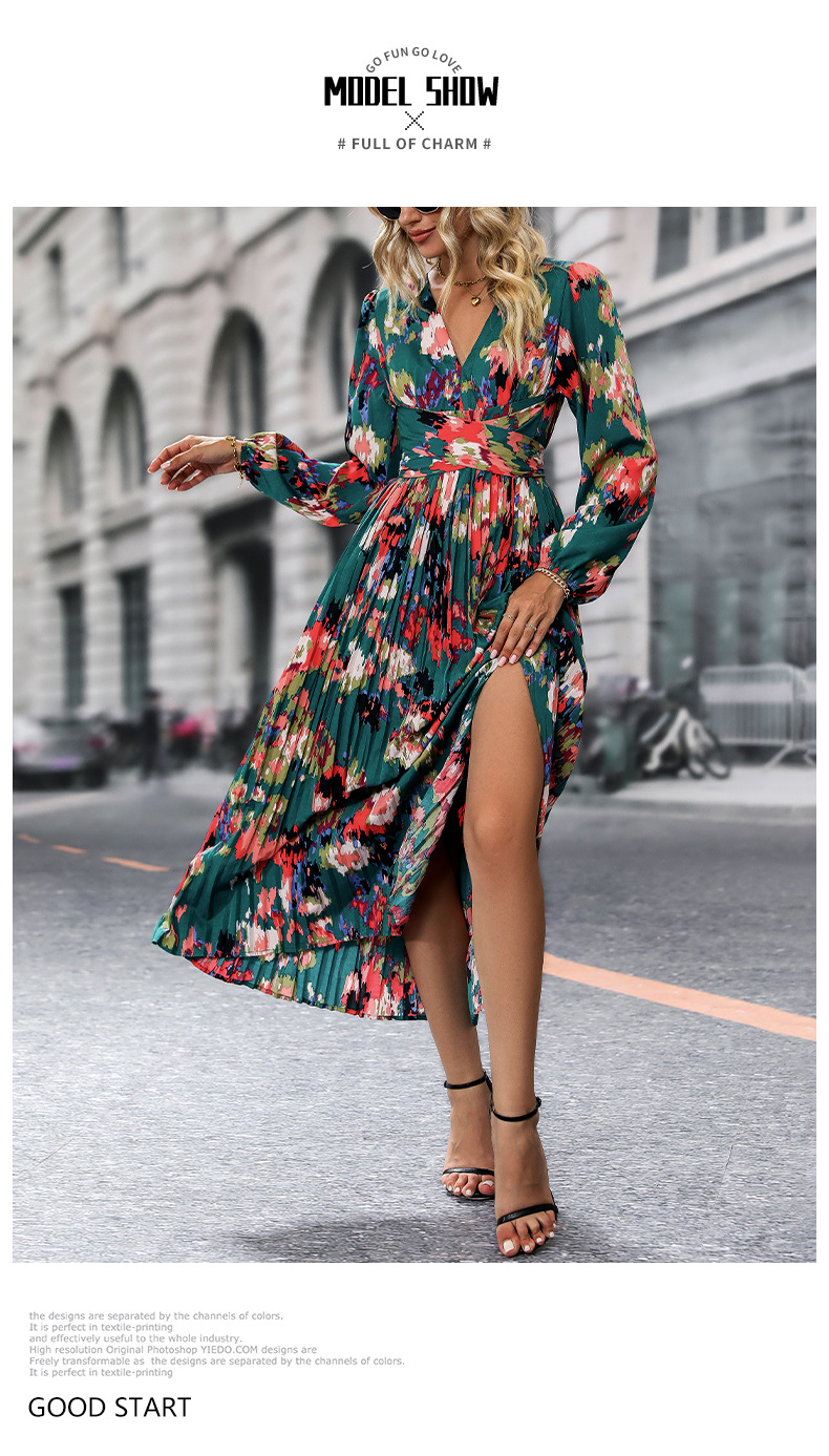 Women's Slit Dress Casual Elegant V Neck Printing Pleated Long Sleeve Printing Midi Dress Street display picture 5
