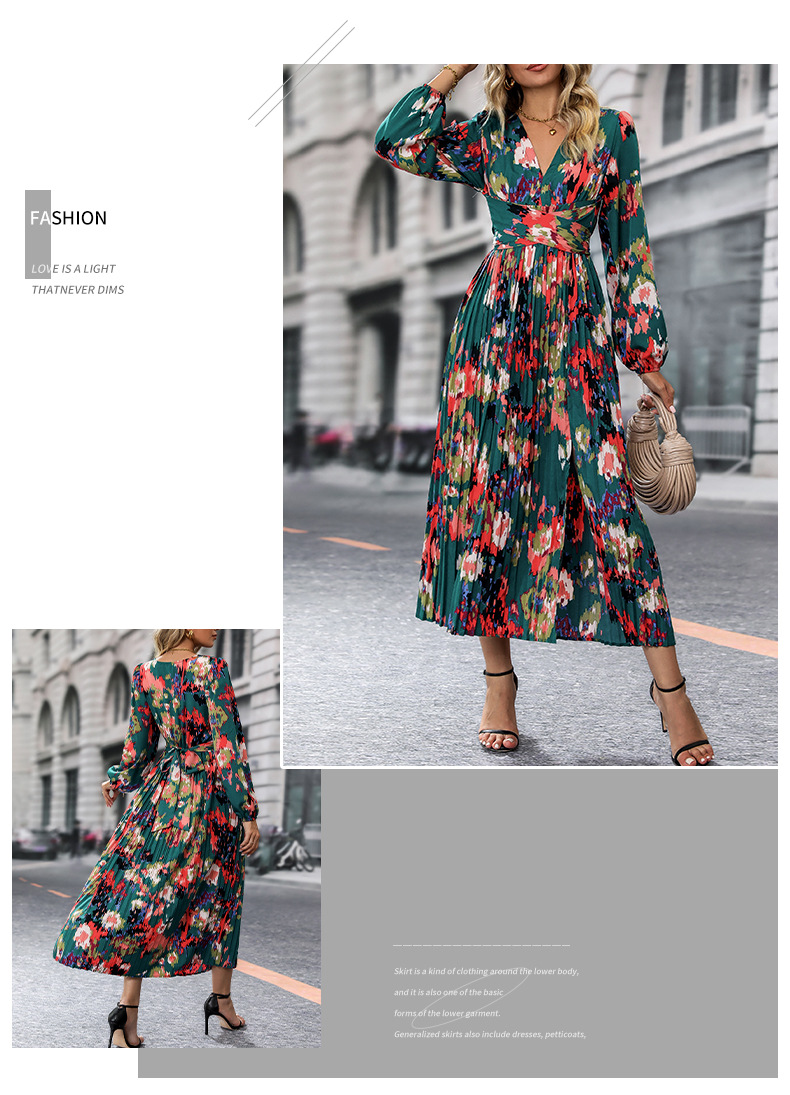 Women's Slit Dress Casual Elegant V Neck Printing Pleated Long Sleeve Printing Midi Dress Street display picture 6