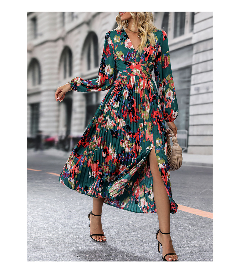 Women's Slit Dress Casual Elegant V Neck Printing Pleated Long Sleeve Printing Midi Dress Street display picture 7