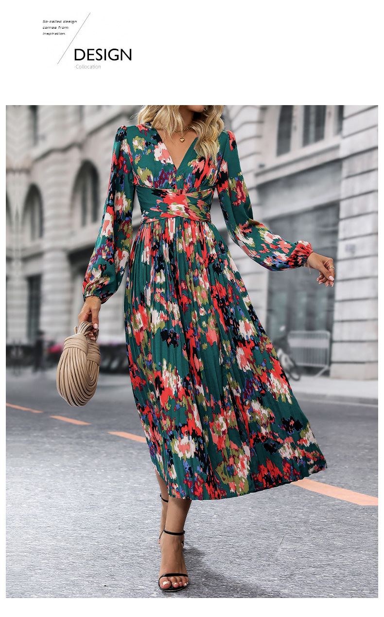 Women's Slit Dress Casual Elegant V Neck Printing Pleated Long Sleeve Printing Midi Dress Street display picture 8