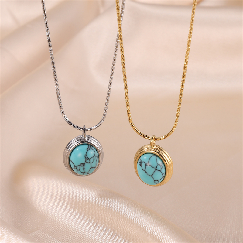 Commute Oval Stainless Steel 18k Gold Plated Turquoise Pendant Necklace In Bulk display picture 1