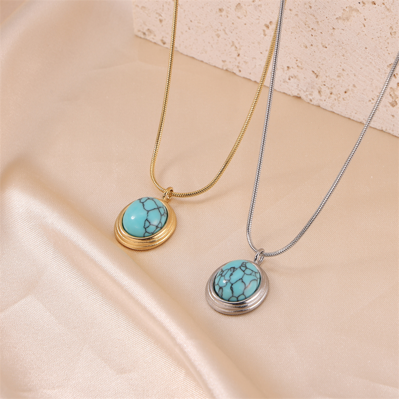 Commute Oval Stainless Steel 18k Gold Plated Turquoise Pendant Necklace In Bulk display picture 2