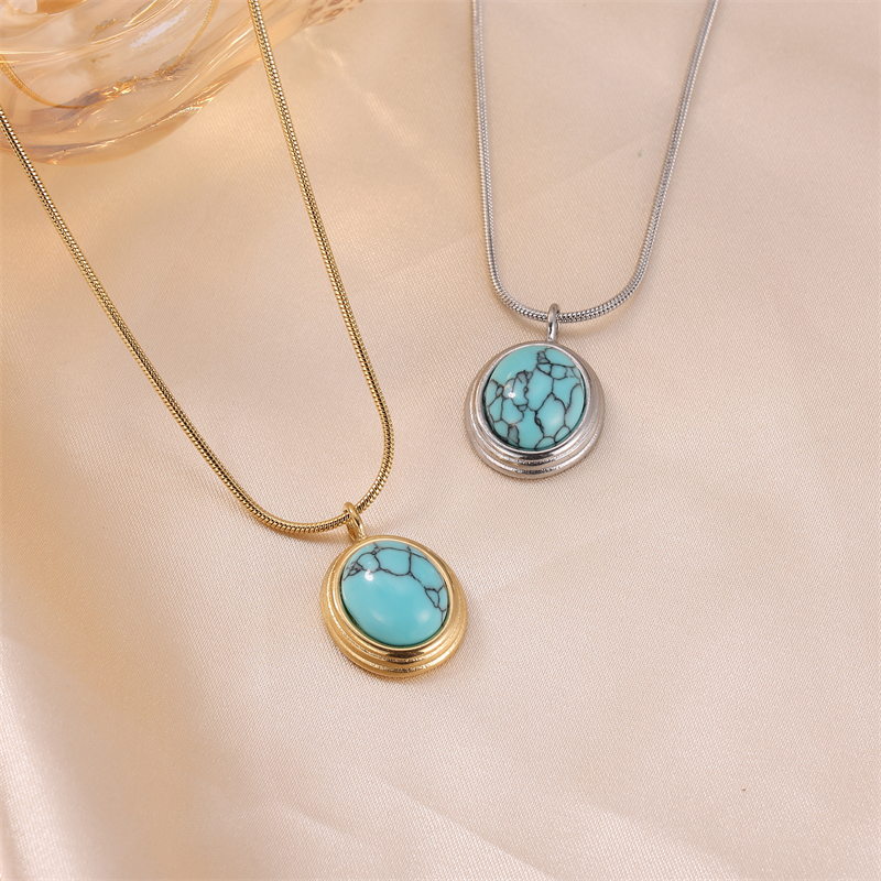 Commute Oval Stainless Steel 18k Gold Plated Turquoise Pendant Necklace In Bulk display picture 3
