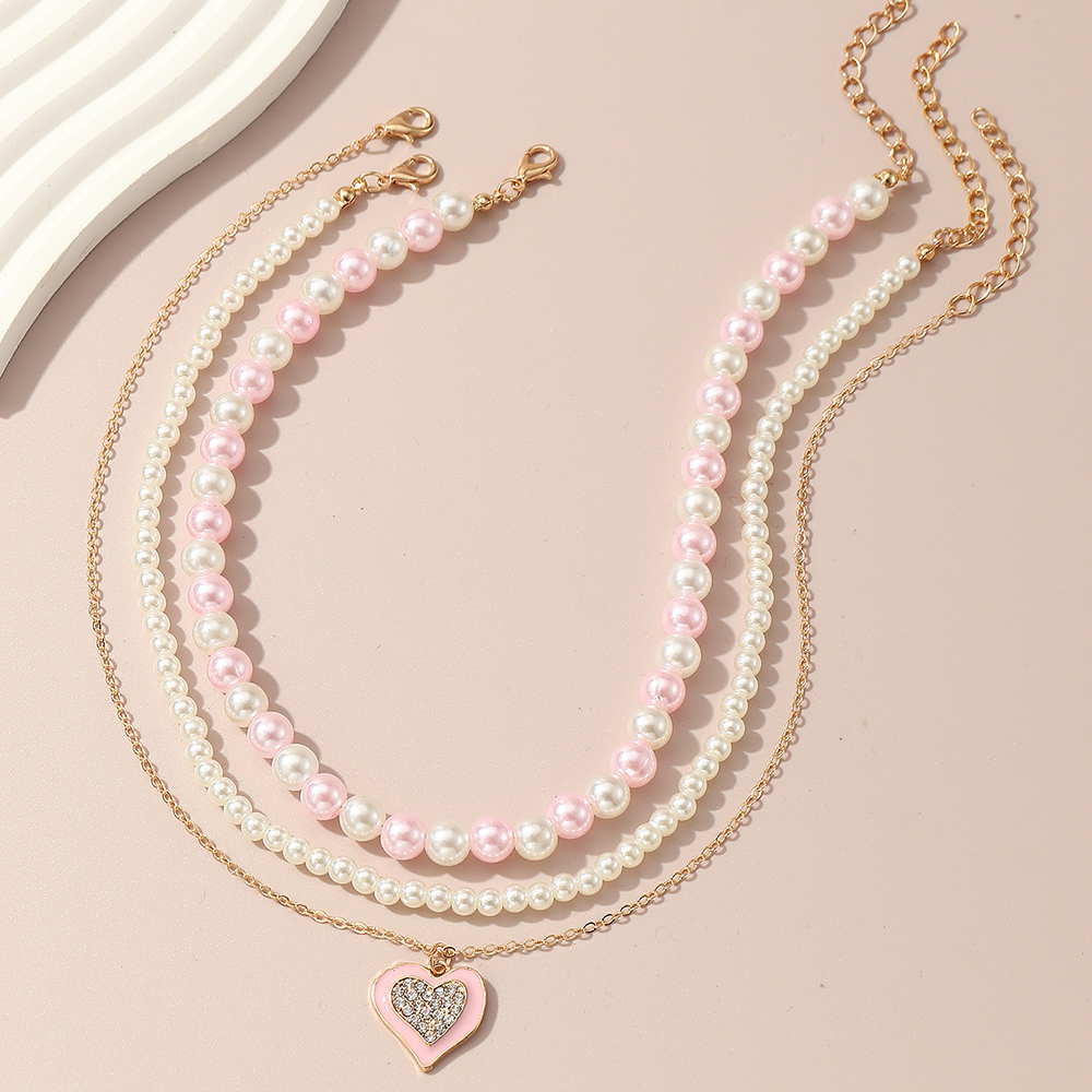 Cute Sweet Heart Shape Artificial Diamond Artificial Pearl Metal Wholesale Pendant Necklace Necklace display picture 2