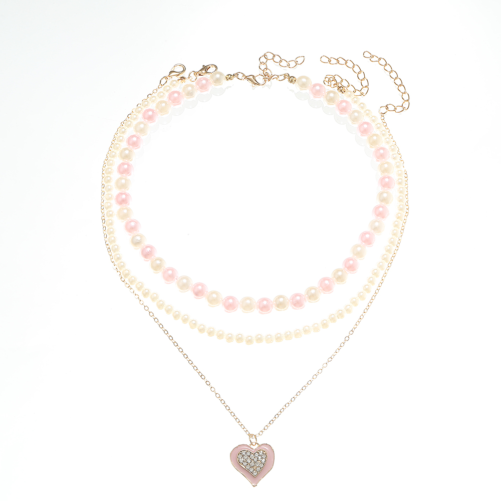 Cute Sweet Heart Shape Artificial Diamond Artificial Pearl Metal Wholesale Pendant Necklace Necklace display picture 5