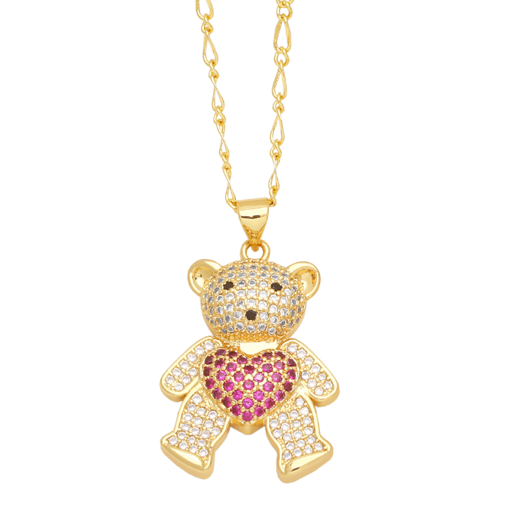 Cute Little Bear Heart Shape Stainless Steel Copper Plating Inlay Zircon 18k Gold Plated Pendant Necklace display picture 3