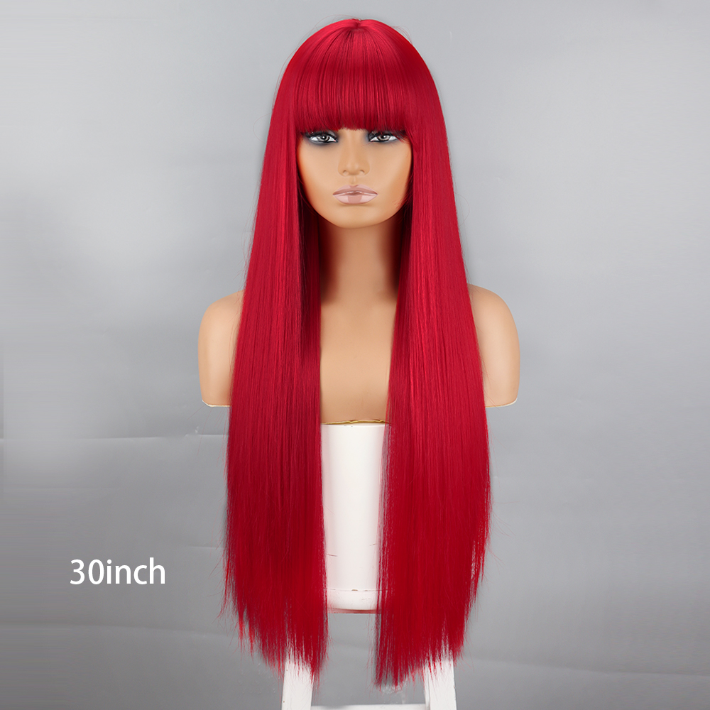 Female Wine-red Head Straight Bangs Hair Synthetic Wigs Wigs display picture 2
