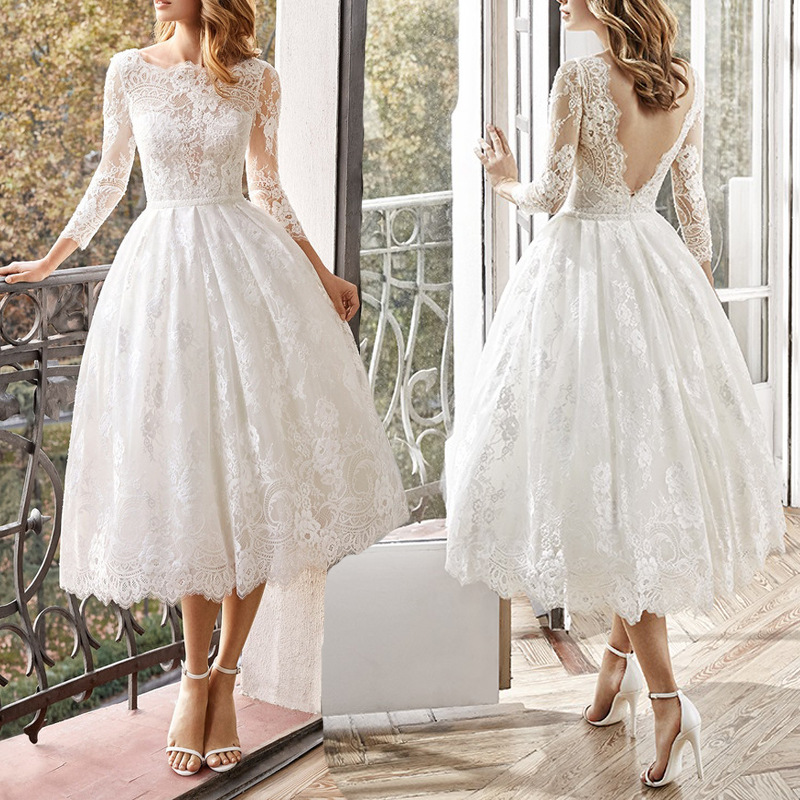 Wedding Dress Elegant Romantic Round Neck Lace Nine Points Sleeve Solid Color Midi Dress Wedding display picture 1