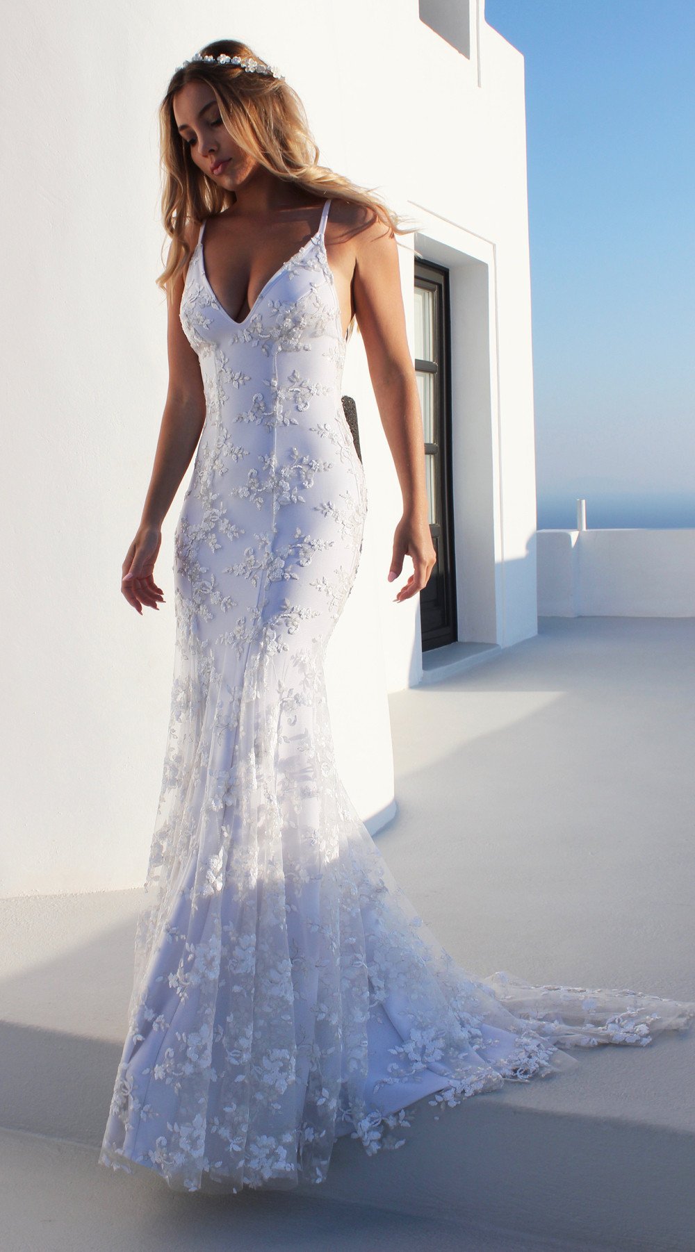 Wedding Dress Elegant Romantic V Neck Sleeveless Solid Color Maxi Long Dress Wedding display picture 1