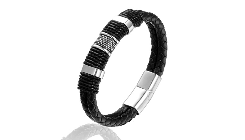 Retro Geometric Pu Leather Titanium Steel Braid Artificial Leather Titanium Steel Men's Wristband display picture 1