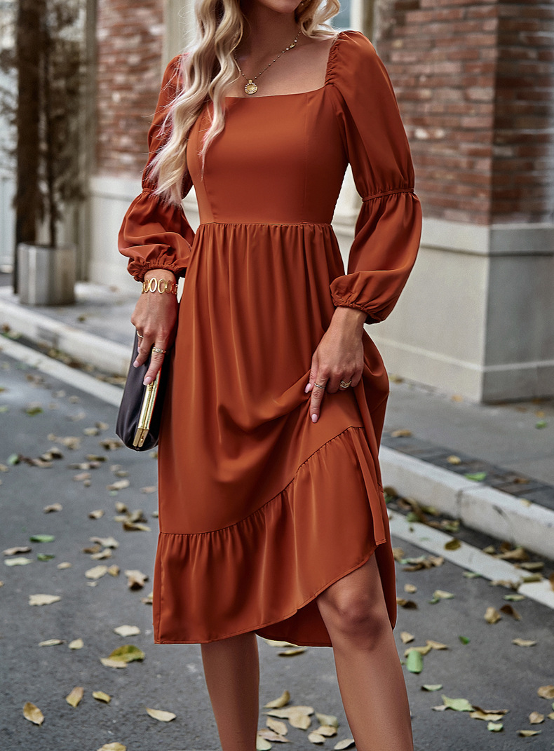 Women's Swing Dress Casual Square Neck Long Sleeve Solid Color Midi Dress Daily display picture 2