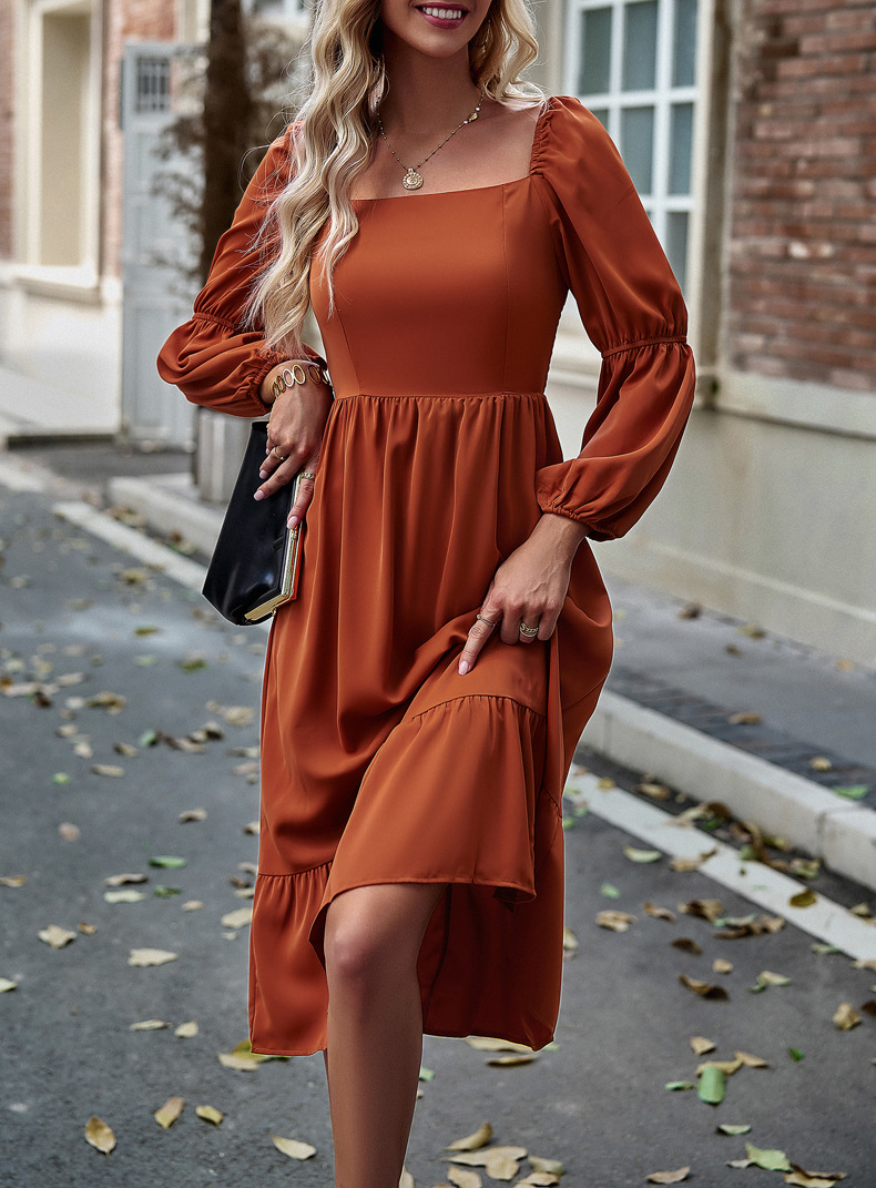 Women's Swing Dress Casual Square Neck Long Sleeve Solid Color Midi Dress Daily display picture 3