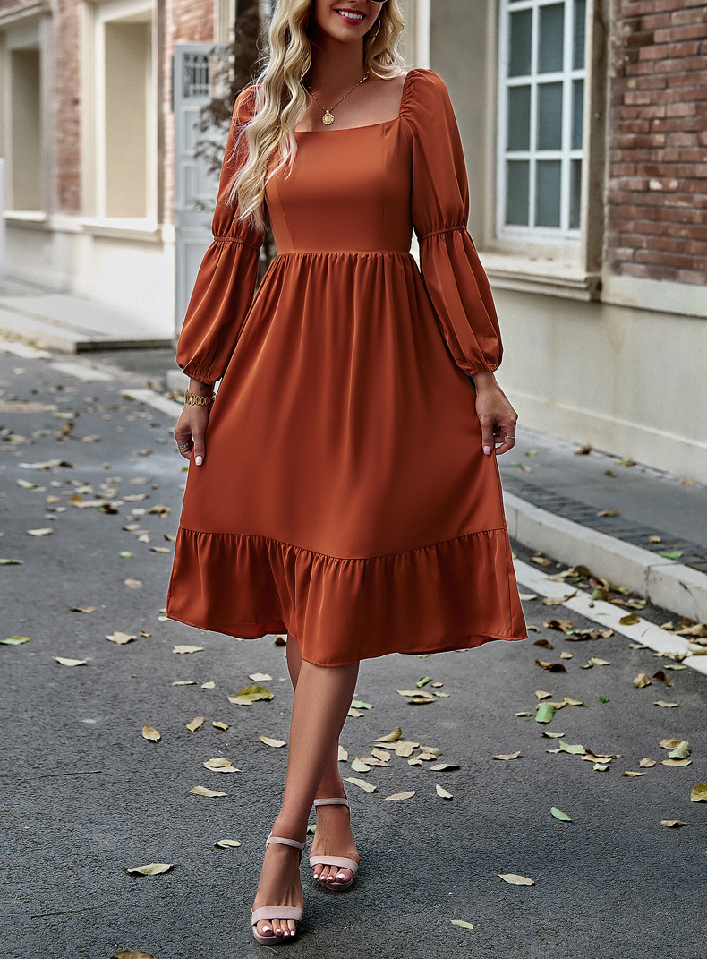 Women's Swing Dress Casual Square Neck Long Sleeve Solid Color Midi Dress Daily display picture 5