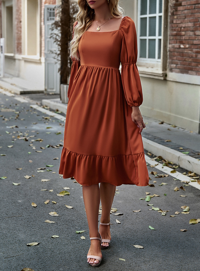 Women's Swing Dress Casual Square Neck Long Sleeve Solid Color Midi Dress Daily display picture 6