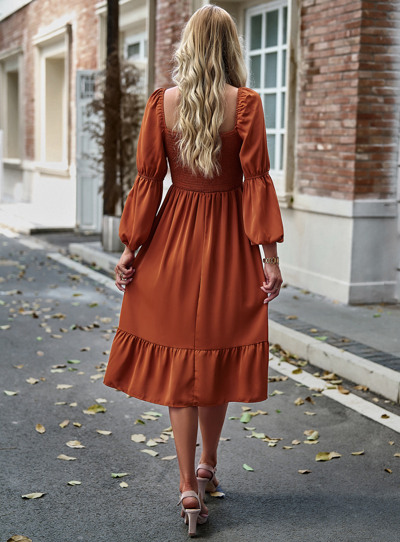 Women's Swing Dress Casual Square Neck Long Sleeve Solid Color Midi Dress Daily display picture 7