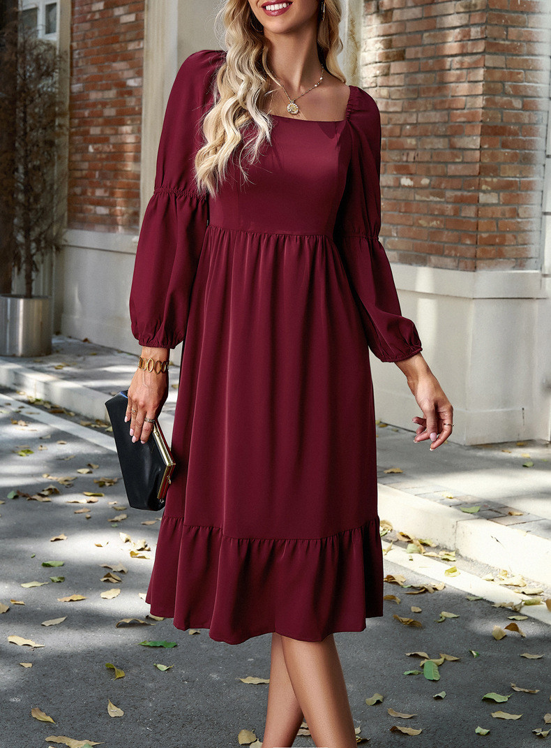 Women's Swing Dress Casual Square Neck Long Sleeve Solid Color Midi Dress Daily display picture 14