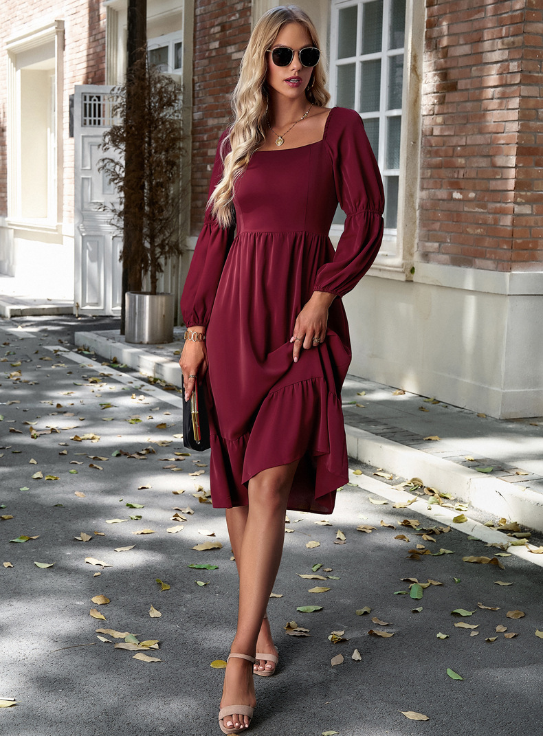 Women's Swing Dress Casual Square Neck Long Sleeve Solid Color Midi Dress Daily display picture 17