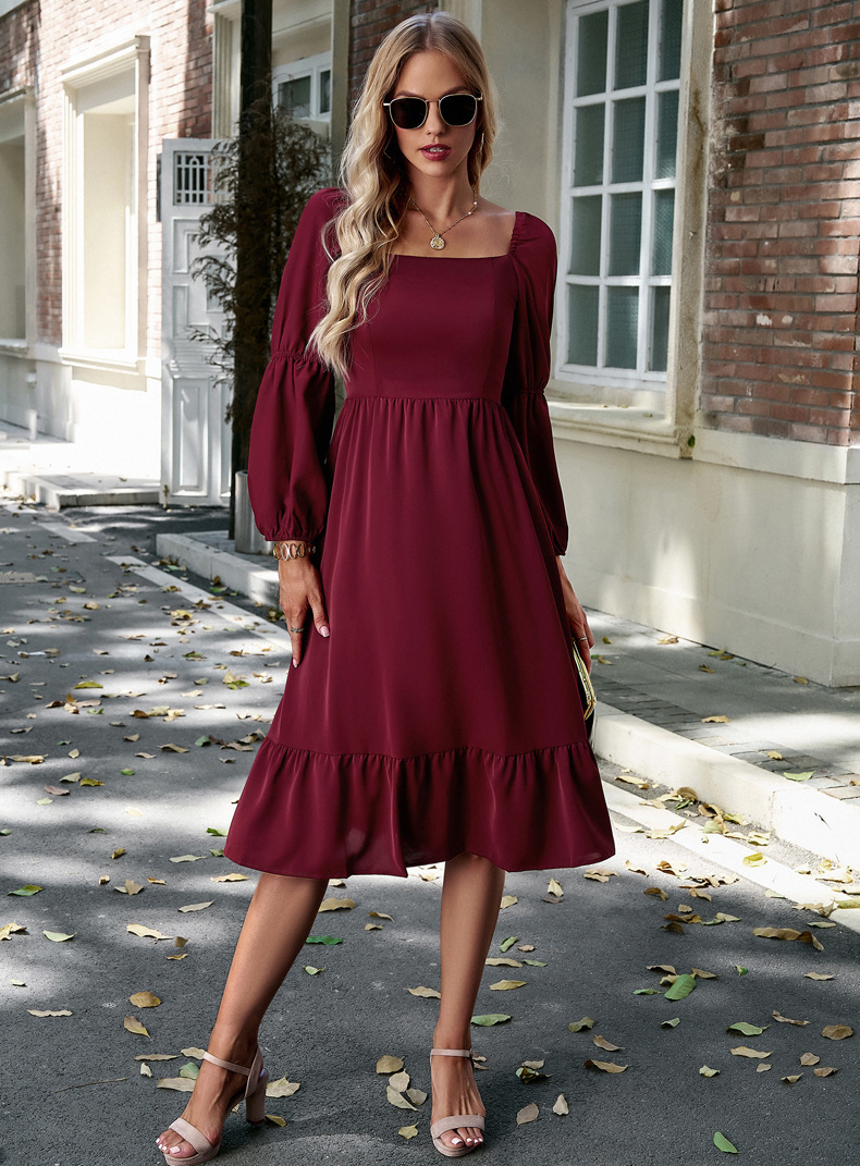 Women's Swing Dress Casual Square Neck Long Sleeve Solid Color Midi Dress Daily display picture 18