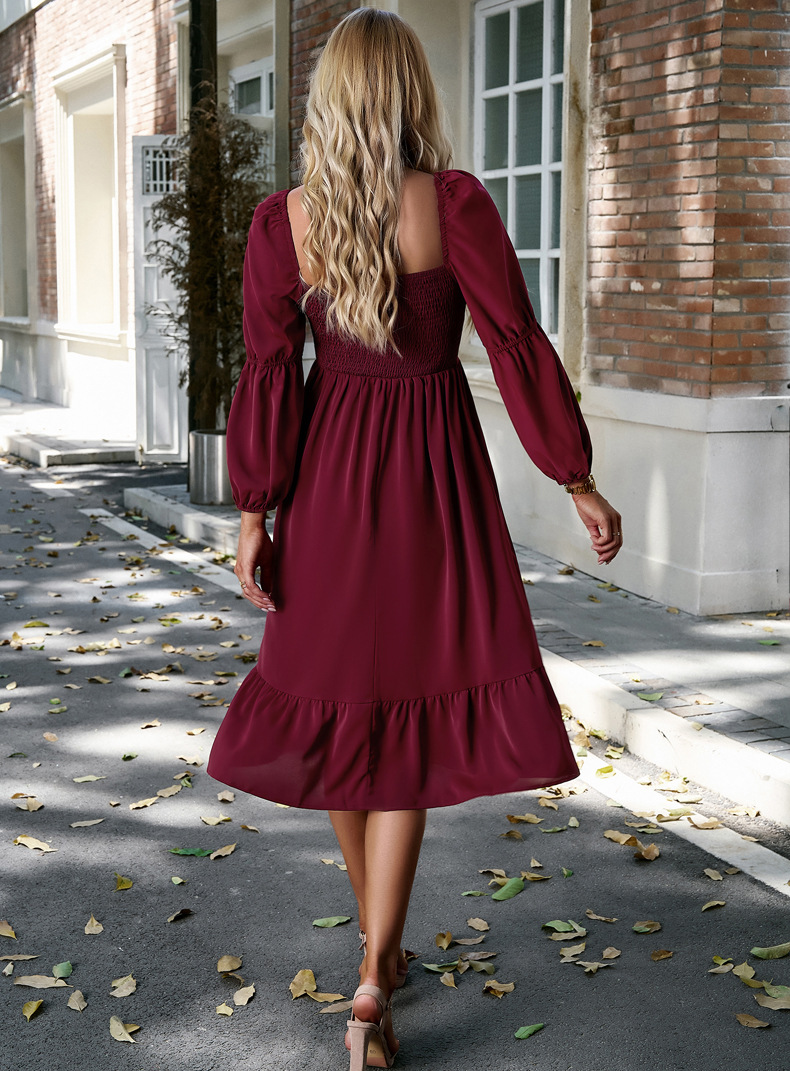 Women's Swing Dress Casual Square Neck Long Sleeve Solid Color Midi Dress Daily display picture 19