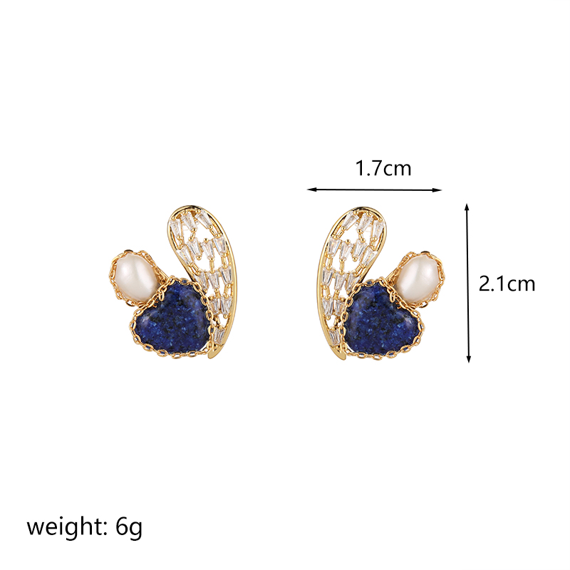 1 Pair Ig Style Shiny Heart Shape Plating Hollow Out Inlay Copper Freshwater Pearl Zircon Lapis Lazuli 18k Gold Plated Ear Studs display picture 5