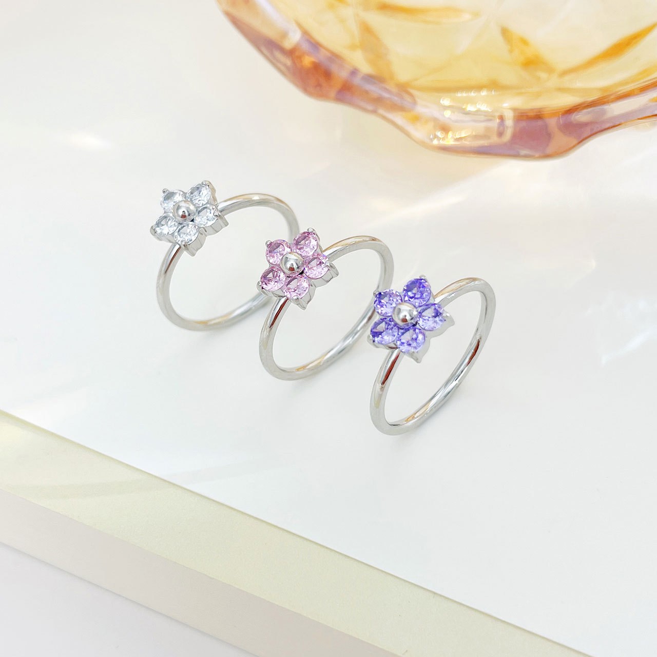 Sweet Simple Style Flower Stainless Steel Plating Inlay Zircon White Gold Plated Gold Plated Rings display picture 5