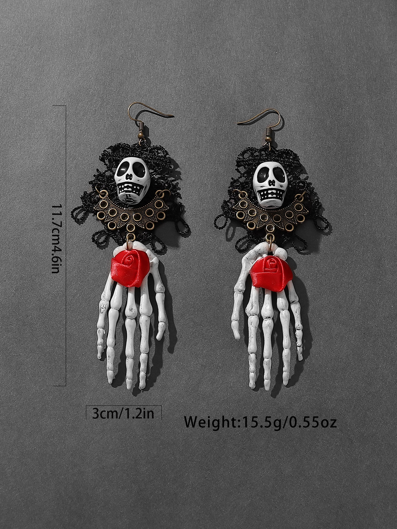 Wholesale Jewelry Retro Exaggerated Punk Palm Rose Skull Alloy Plastic Cloth Mesh Drop Earrings display picture 5