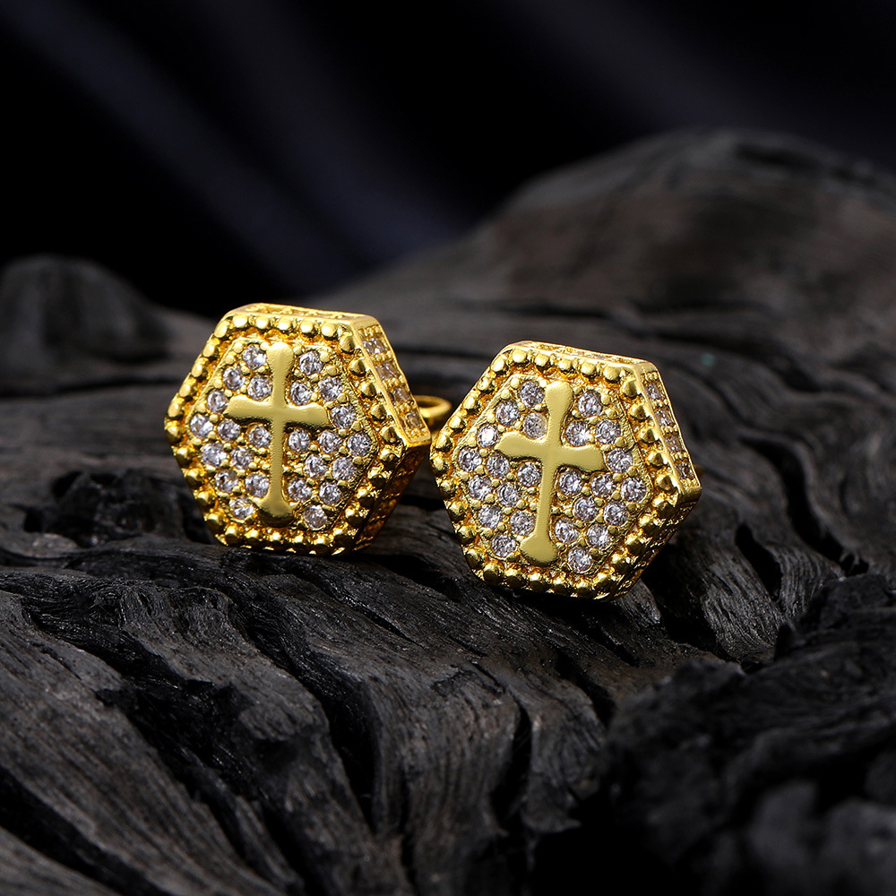 1 Pair Hip-hop Cross Plating Inlay Copper Zircon Gold Plated Ear Studs display picture 4