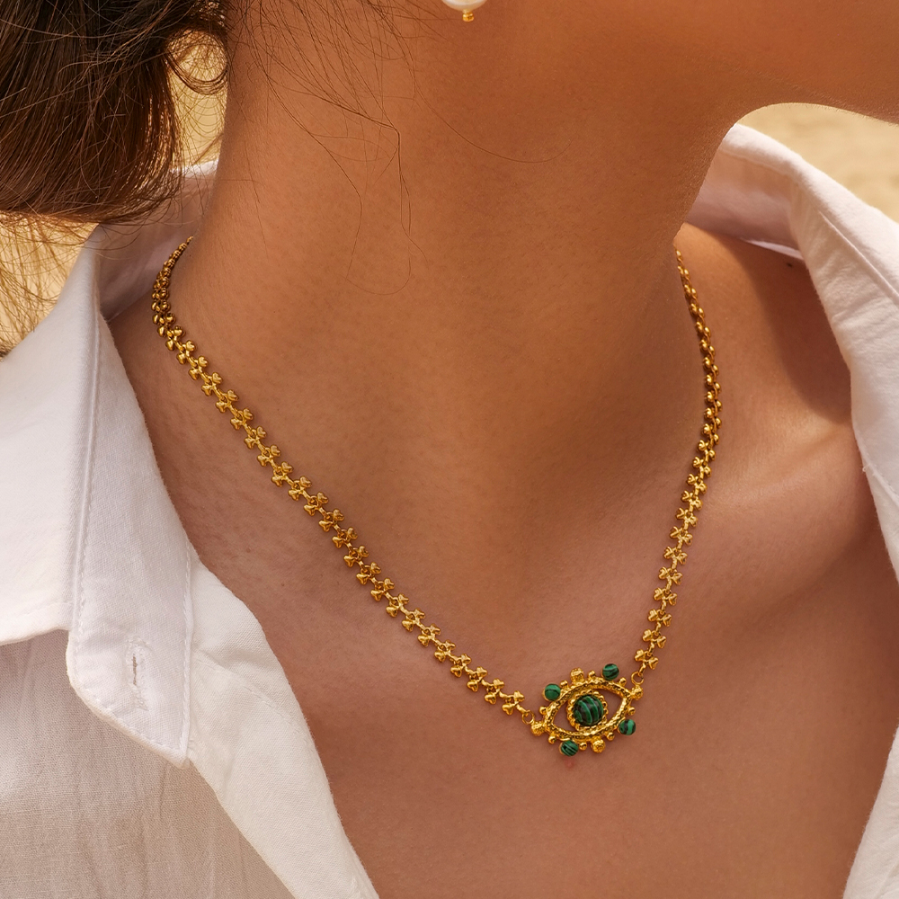 Style Ig L'oeil Du Diable Acier Inoxydable Placage Évider Incruster Malachite Plaqué Or 18k Collier display picture 5