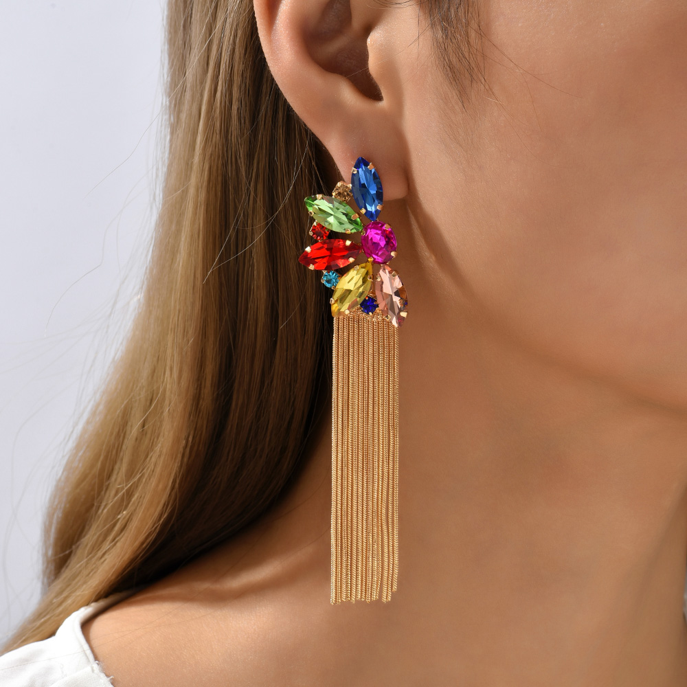 Wholesale Jewelry Retro Exaggerated Oval Tassel Zinc Alloy Glass Plating Inlay Drop Earrings display picture 4