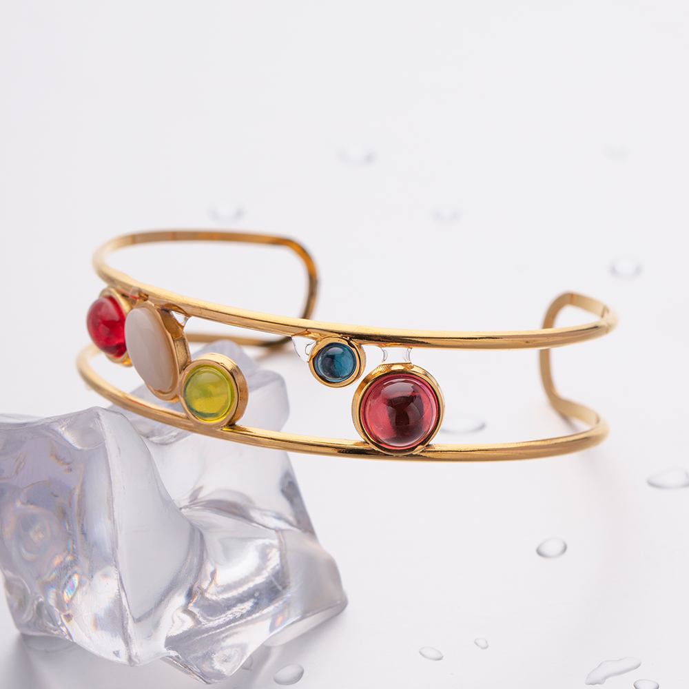 Ig Style Simple Style Round Oval Stainless Steel Plating Inlay Artificial Gemstones 18k Gold Plated Bangle display picture 4