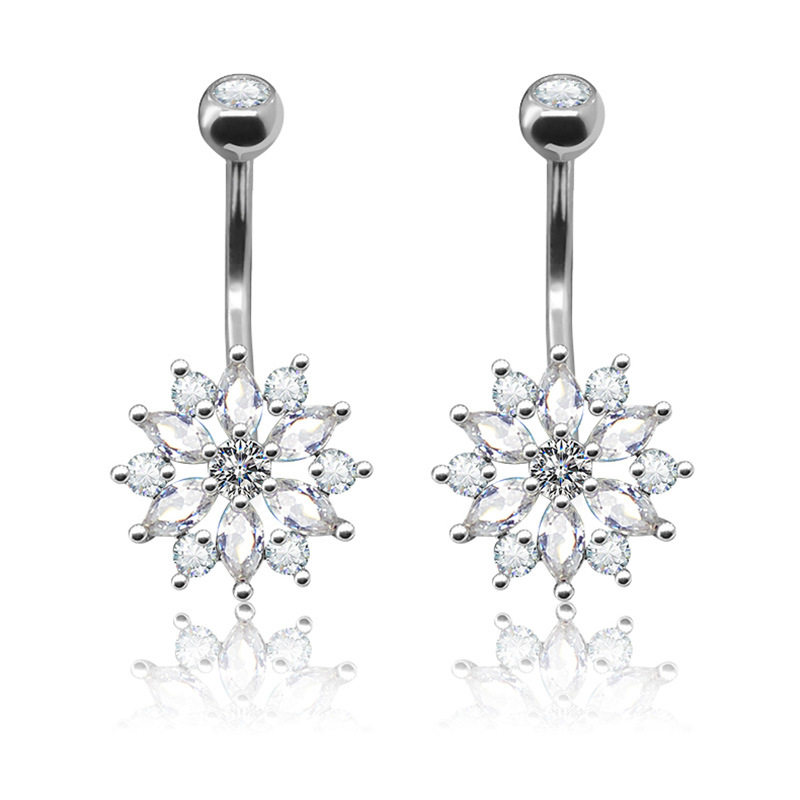 Shiny Flower Stainless Steel White Gold Plated Rhinestones Zircon Belly Ring In Bulk display picture 1