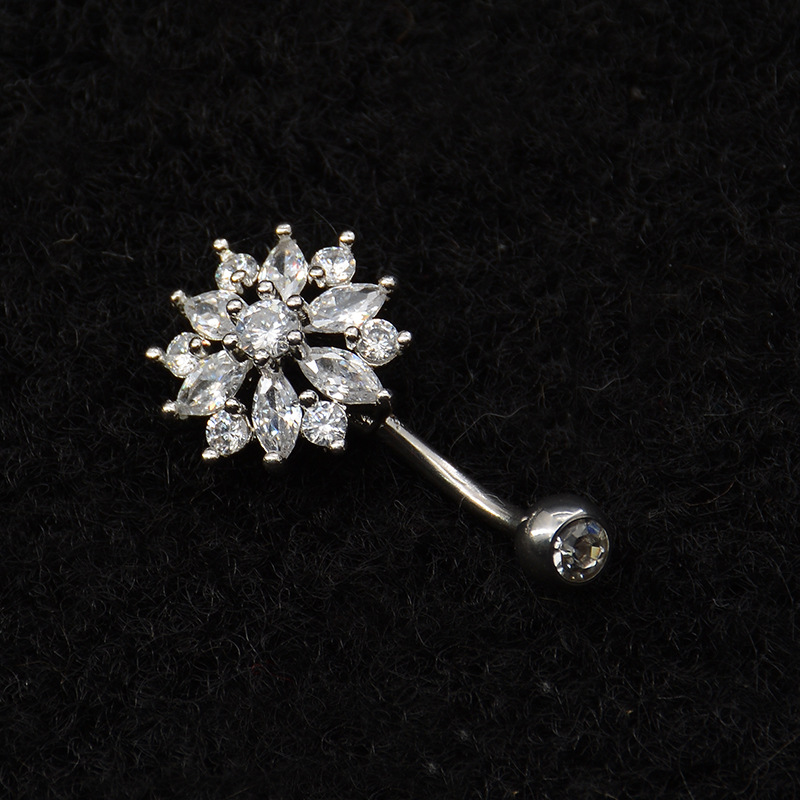 Shiny Flower Stainless Steel White Gold Plated Rhinestones Zircon Belly Ring In Bulk display picture 2