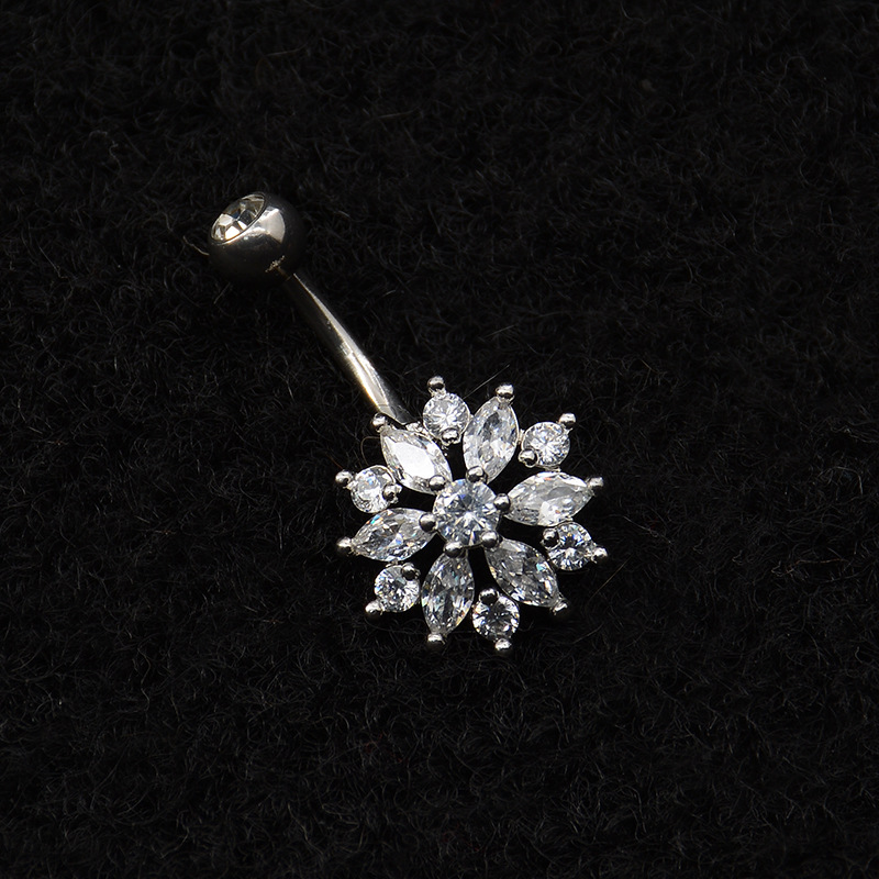 Shiny Flower Stainless Steel White Gold Plated Rhinestones Zircon Belly Ring In Bulk display picture 3