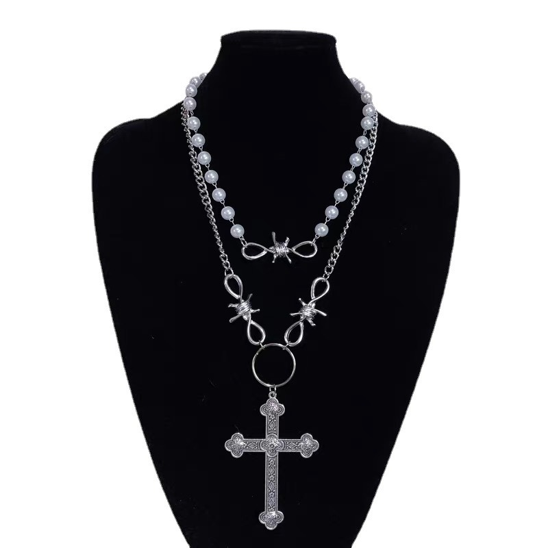 Retro Cross Metal Inlay Artificial Pearls Women's Double Layer Necklaces display picture 1