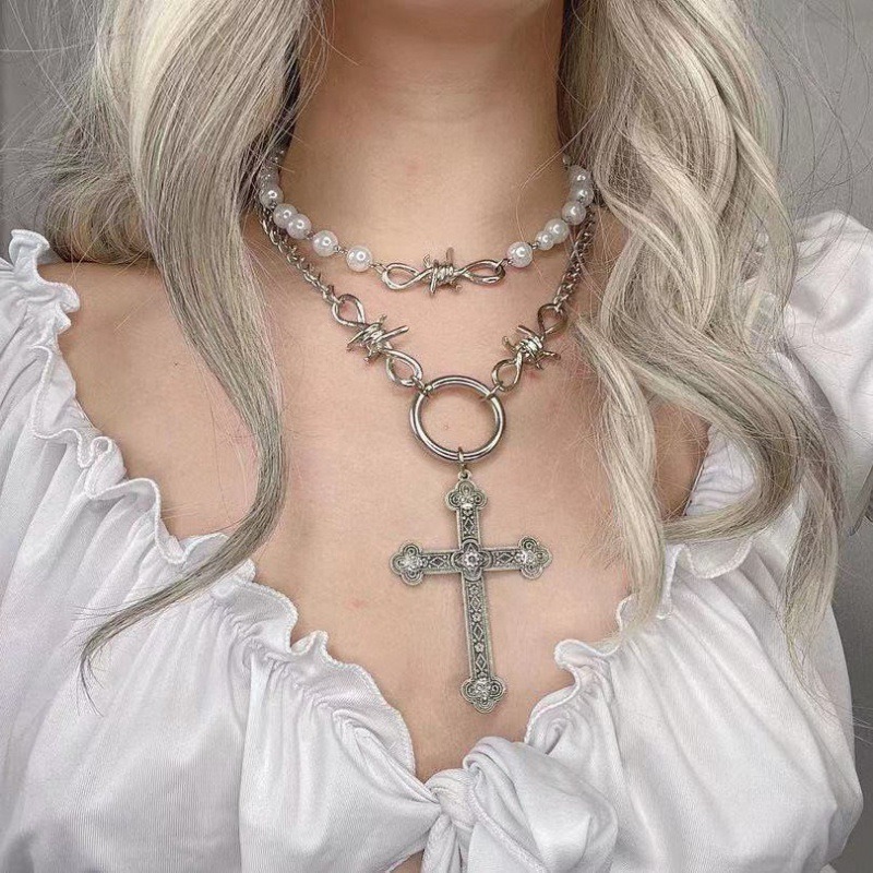 Retro Cross Metal Inlay Artificial Pearls Women's Double Layer Necklaces display picture 3