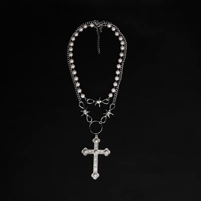 Retro Cross Metal Inlay Artificial Pearls Women's Double Layer Necklaces display picture 5