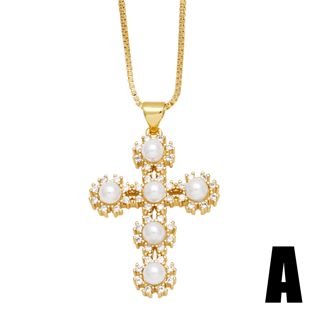 Ig Style Vintage Style Fashion Cross Copper Plating Inlay Pearl Zircon 18k Gold Plated Necklace display picture 3