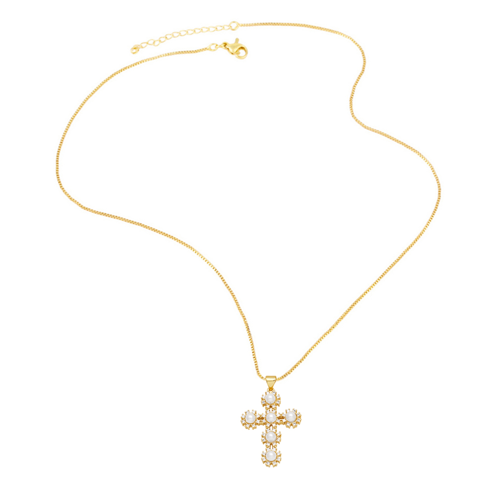 Ig Style Vintage Style Fashion Cross Copper Plating Inlay Pearl Zircon 18k Gold Plated Necklace display picture 6