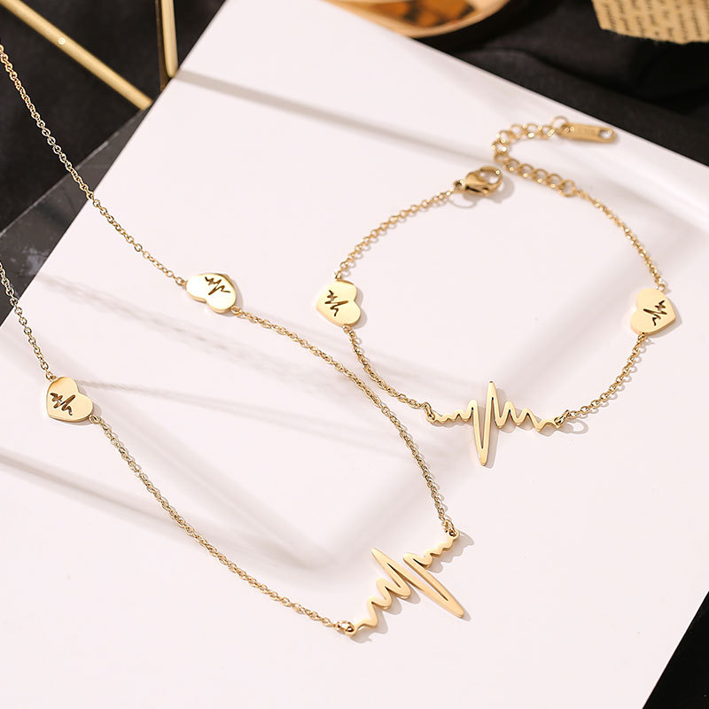 Lady Streetwear Electrocardiogram Stainless Steel Plating Inlay Zircon 14k Gold Plated Bracelets Necklace display picture 3