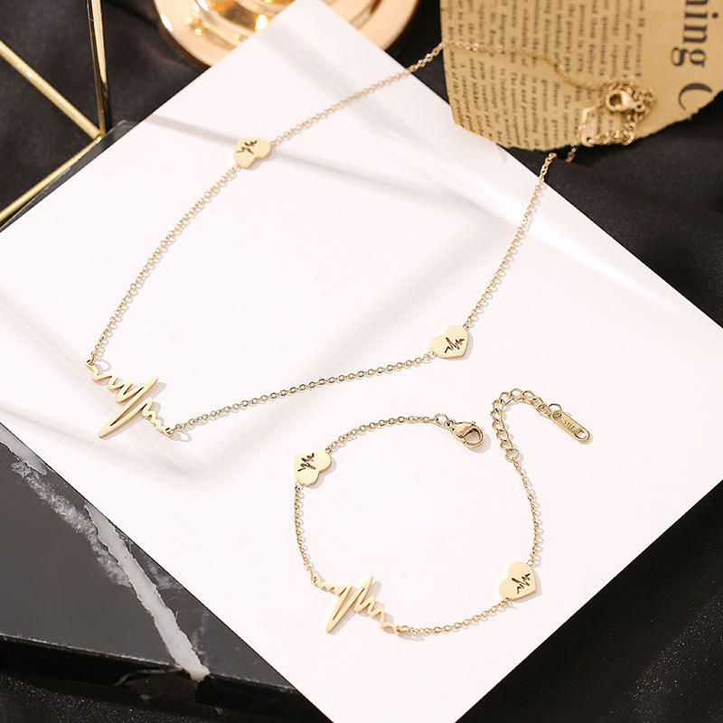 Lady Streetwear Electrocardiogram Stainless Steel Plating Inlay Zircon 14k Gold Plated Bracelets Necklace display picture 4